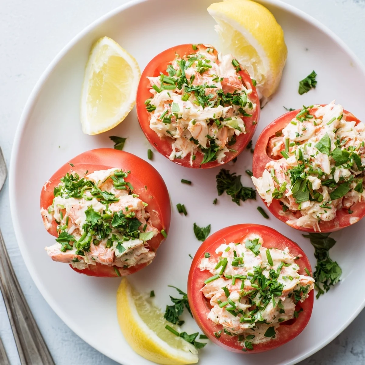 Fresh Belgian tomato stuffed with creamy shrimp salad and sprinkled with parsley and chives