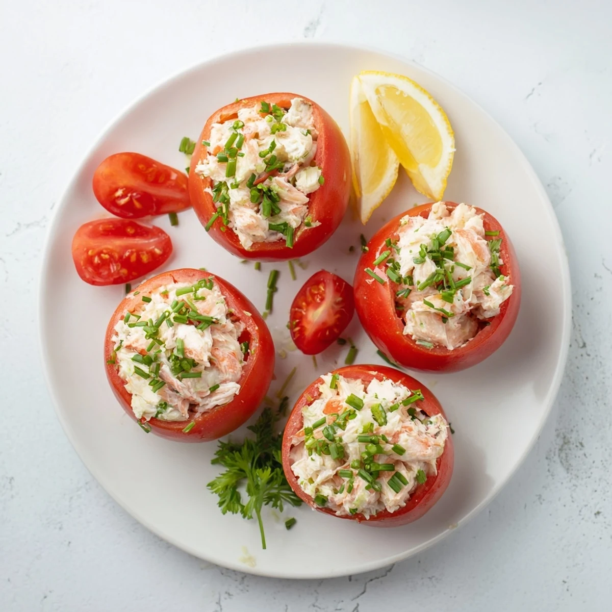Classic Belgian tomates aux crevettes appetizer arranged on platter with fresh herbs and lemon