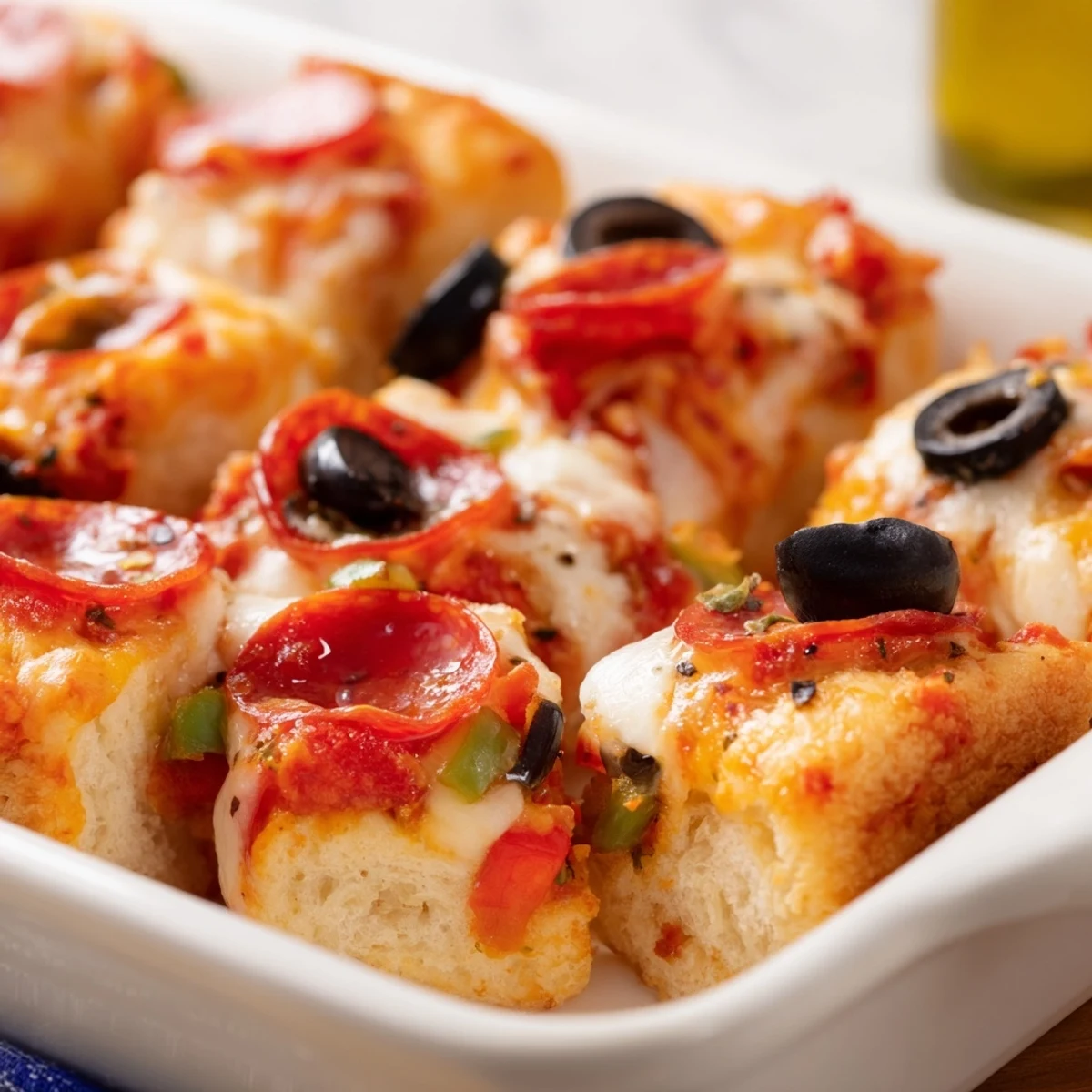 Golden bubbly Bubble Up Biscuit Pizza Casserole with melted cheese and pepperoni on fluffy biscuit pieces