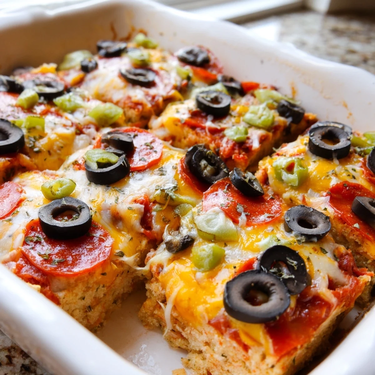 Baking dish filled with Bubble Up Biscuit Pizza Casserole featuring pepperoni olives and gooey mozzarella topping