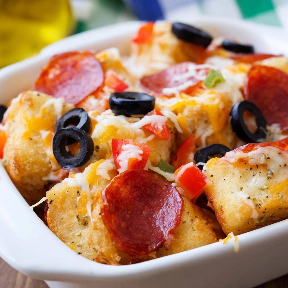Family-style Bubble Up Biscuit Pizza Casserole fresh from the oven with golden puffed biscuits and savory toppings