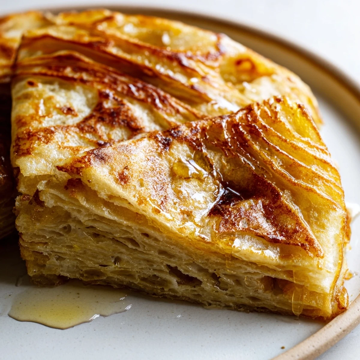 Golden brown Meloui Moroccan pancakes stacked on a rustic wooden serving board