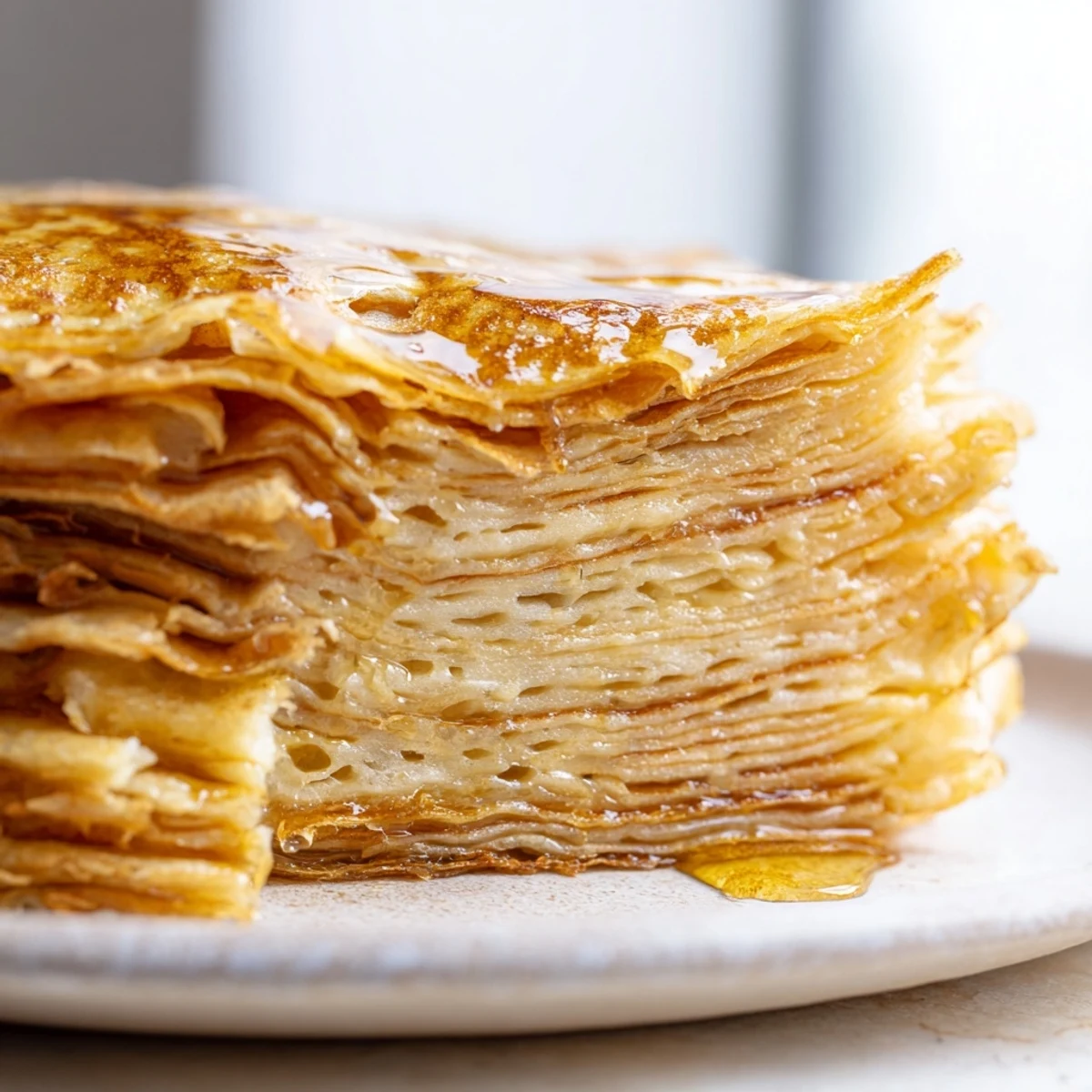 Warm Meloui breakfast pancake served with jam and powdered sugar sprinkled on top