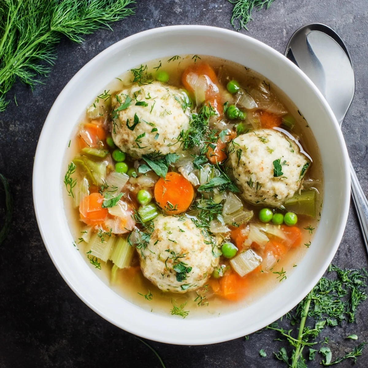 Steaming bowl of homemade dumpling soup featuring tender fluffy dumplings in a rich vegetable broth with colorful carrots and celery