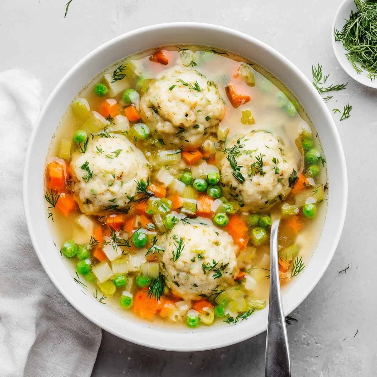 Comforting dumpling soup with freshly cooked parsley dumplings floating in savory broth garnished with vibrant green herbs and peas