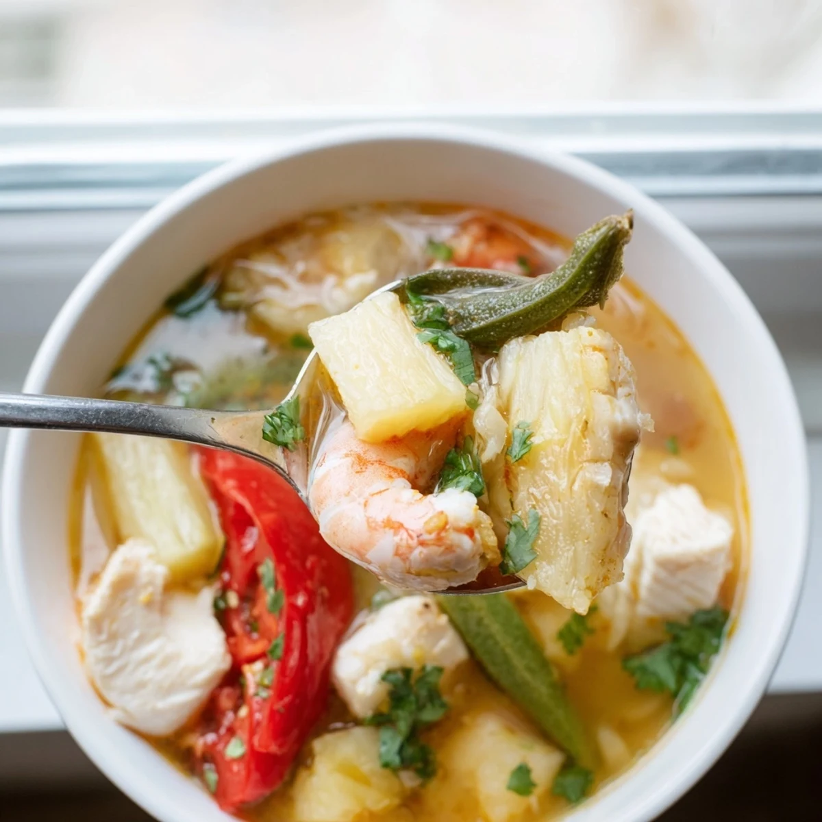 Golden bowl of Vietnamese Canh Chua soup with tender fish, pineapple chunks, and vibrant fresh herbs floating in aromatic broth