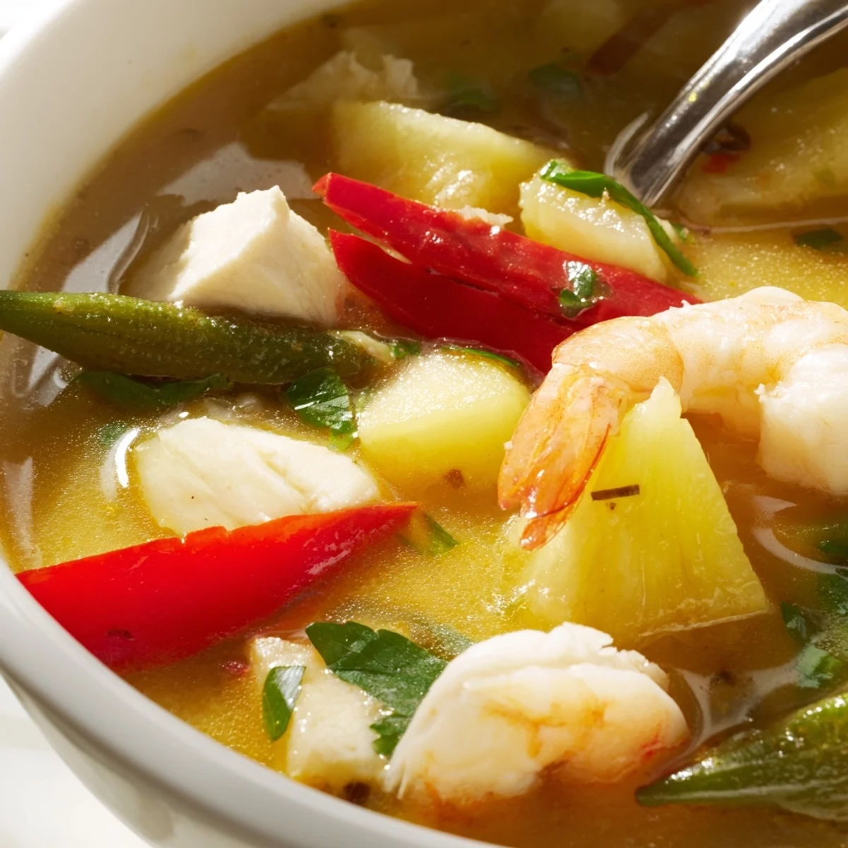 Steaming hot Vietnamese Canh Chua featuring white fish pieces, juicy pineapple, tomatoes, and green onions served in a deep ceramic bowl