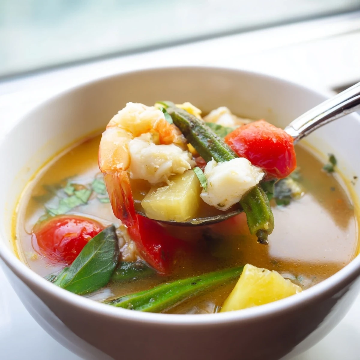 Close-up of tangy sweet Vietnamese Canh Chua with catfish, okra slices, bean sprouts, and sawtooth coriander garnished with lime wedge
