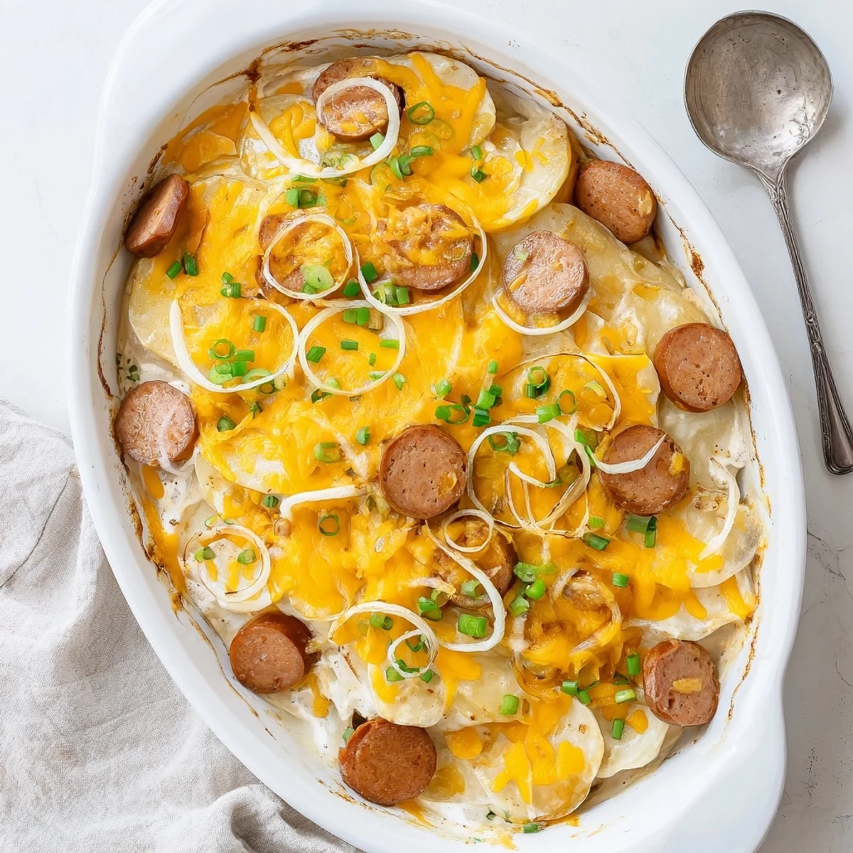 Creamy Crock Pot Pierogi Casserole featuring tender pierogi, onions, and golden cheese topping