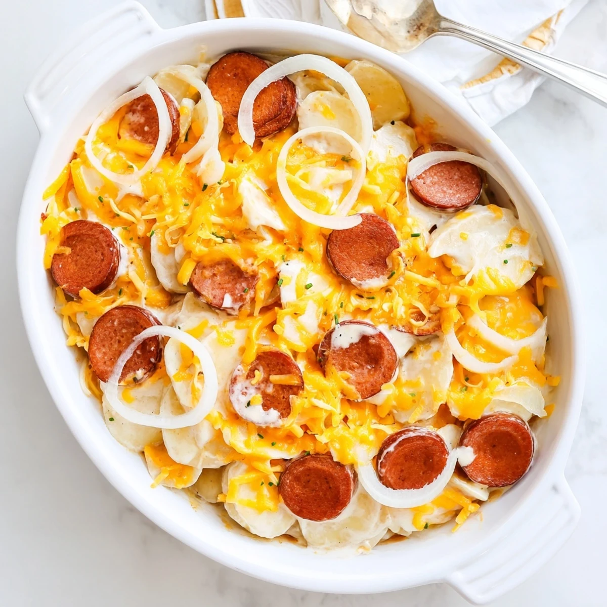 Slow cooker Crock Pot Pierogi Casserole with melted cheddar and sliced smoky kielbasa