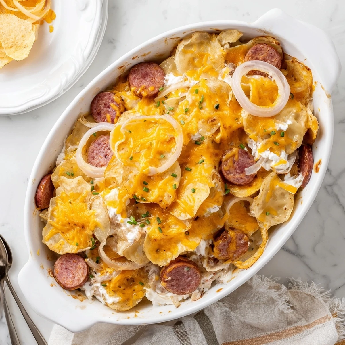 Hearty Crock Pot Pierogi Casserole layered with kielbasa and rich sour cream sauce