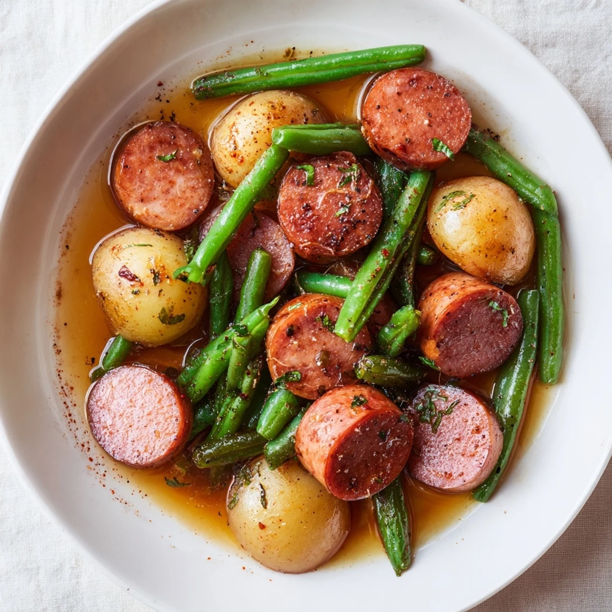 Slow cooker Crockpot Kielbasa and Green Beans with tender potatoes in savory broth