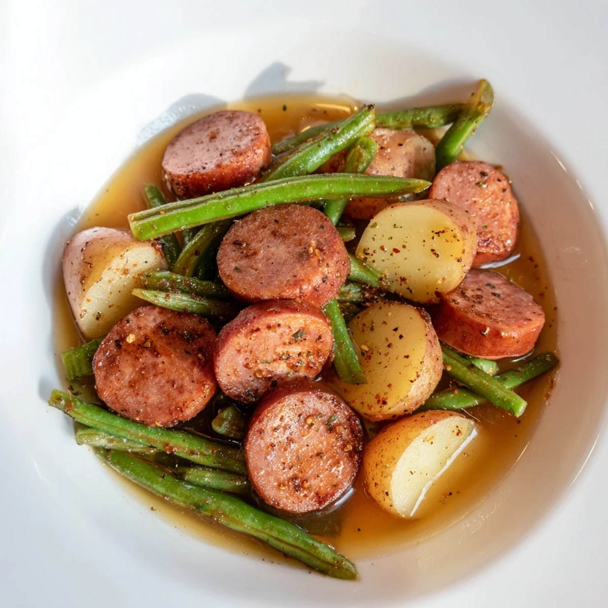 Hearty bowl of Crockpot Kielbasa and Green Beans featuring smoky sausage slices and crisp vegetables