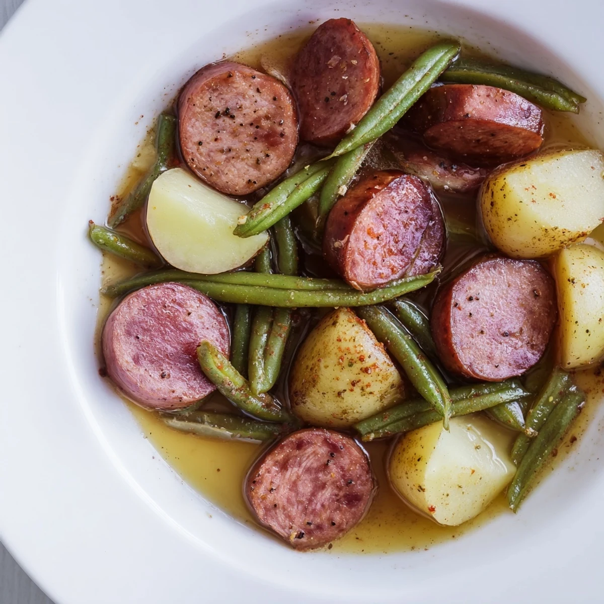 Family-style Crockpot Kielbasa and Green Beans slow-cooked with baby potatoes and aromatic seasonings