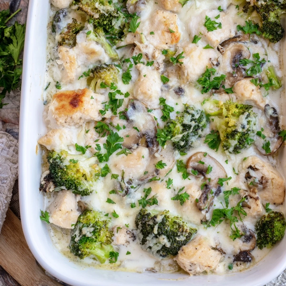 Tender chicken and broccoli florets swimming in a rich velvety cheese sauce in this low carb chicken casserole