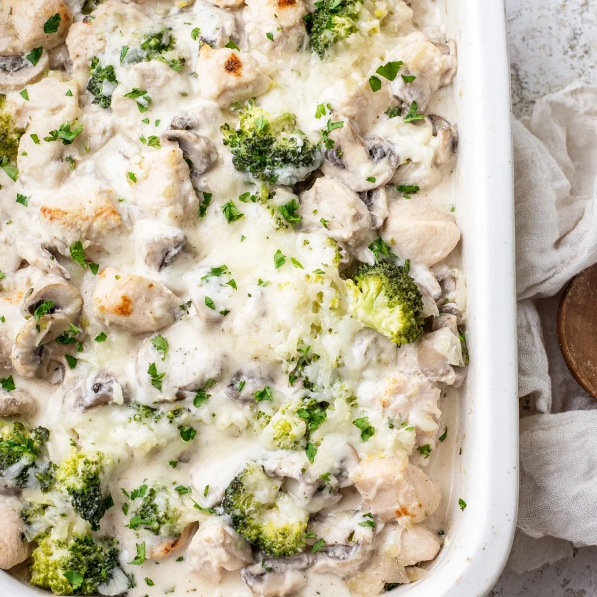 Golden bubbly creamy low carb chicken casserole topped with melted mozzarella and fresh parsley