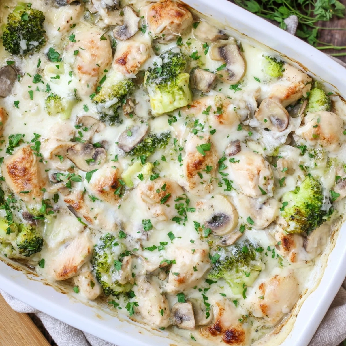 Baked low carb chicken casserole with mushrooms in a savory cream sauce garnished with green herbs