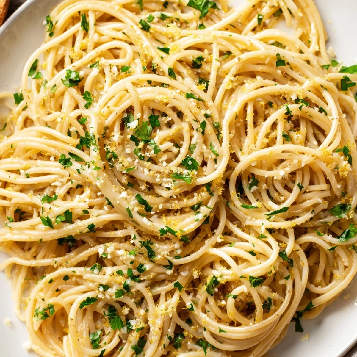 Golden one pot garlic butter pasta coated in creamy parmesan sauce with fresh parsley garnish