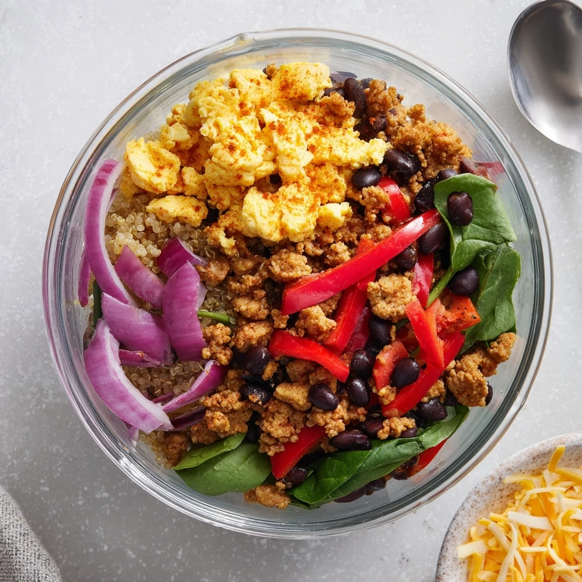 Colorful meal prep containers filled with high protein breakfast bowls featuring fluffy scrambled eggs, turkey sausage, black beans, and vibrant vegetables over quinoa