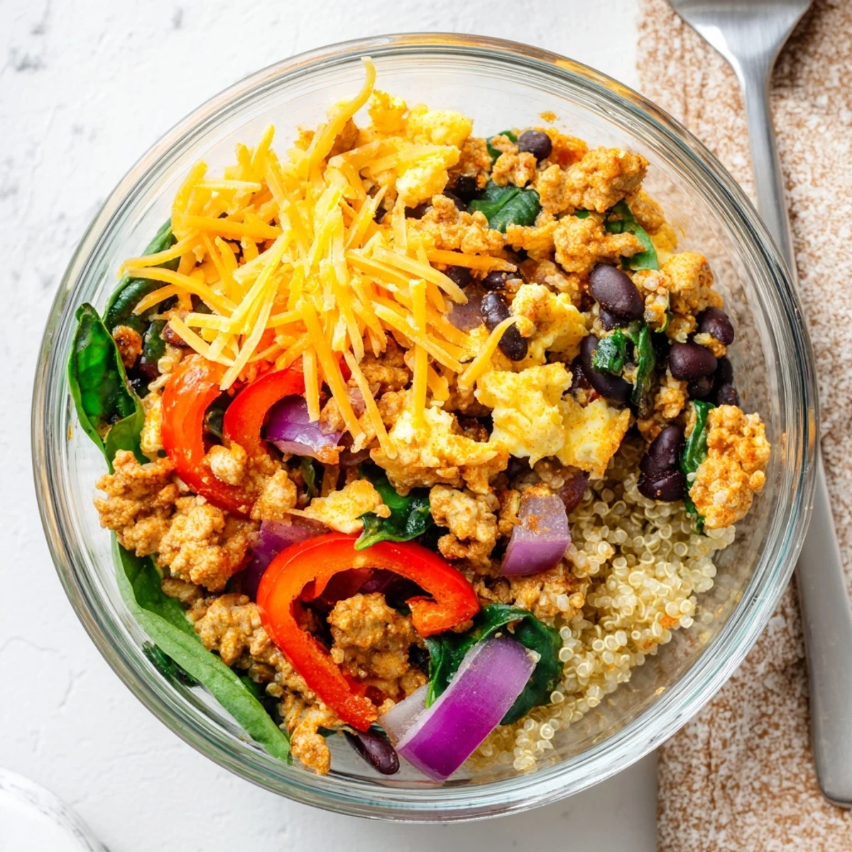 Hearty freezer friendly breakfast bowl packed with protein from scrambled eggs and sausage, topped with cheese, diced peppers, and spinach for easy morning meal prep