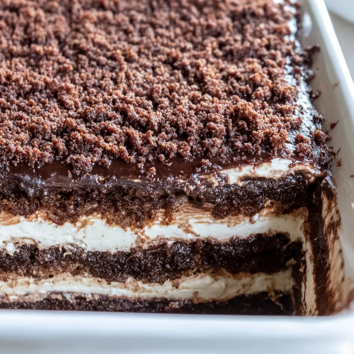 Creamy no-bake keto dirt cake layered in clear glass with rich chocolate pudding and fluffy whipped cream