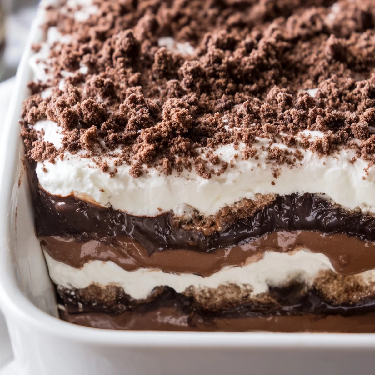 Individual serving of chocolate keto dirt cake showing dirt-like crumble topping over pudding and cream layers