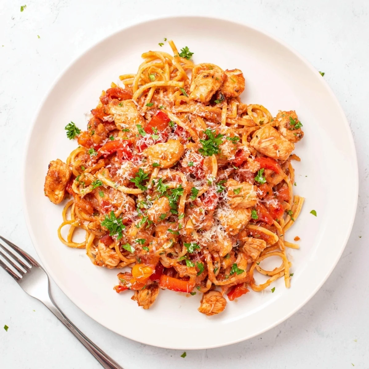 Savory Instant Pot Chicken Spaghetti with tender chicken pieces coated in rich tomato sauce and melted Parmesan