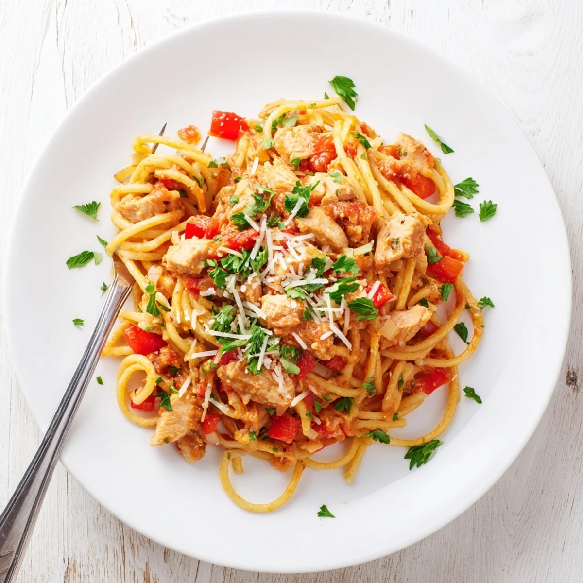 Comforting Savory Instant Pot Chicken Spaghetti featuring al dente pasta nestled with seasoned chicken and colorful bell peppers