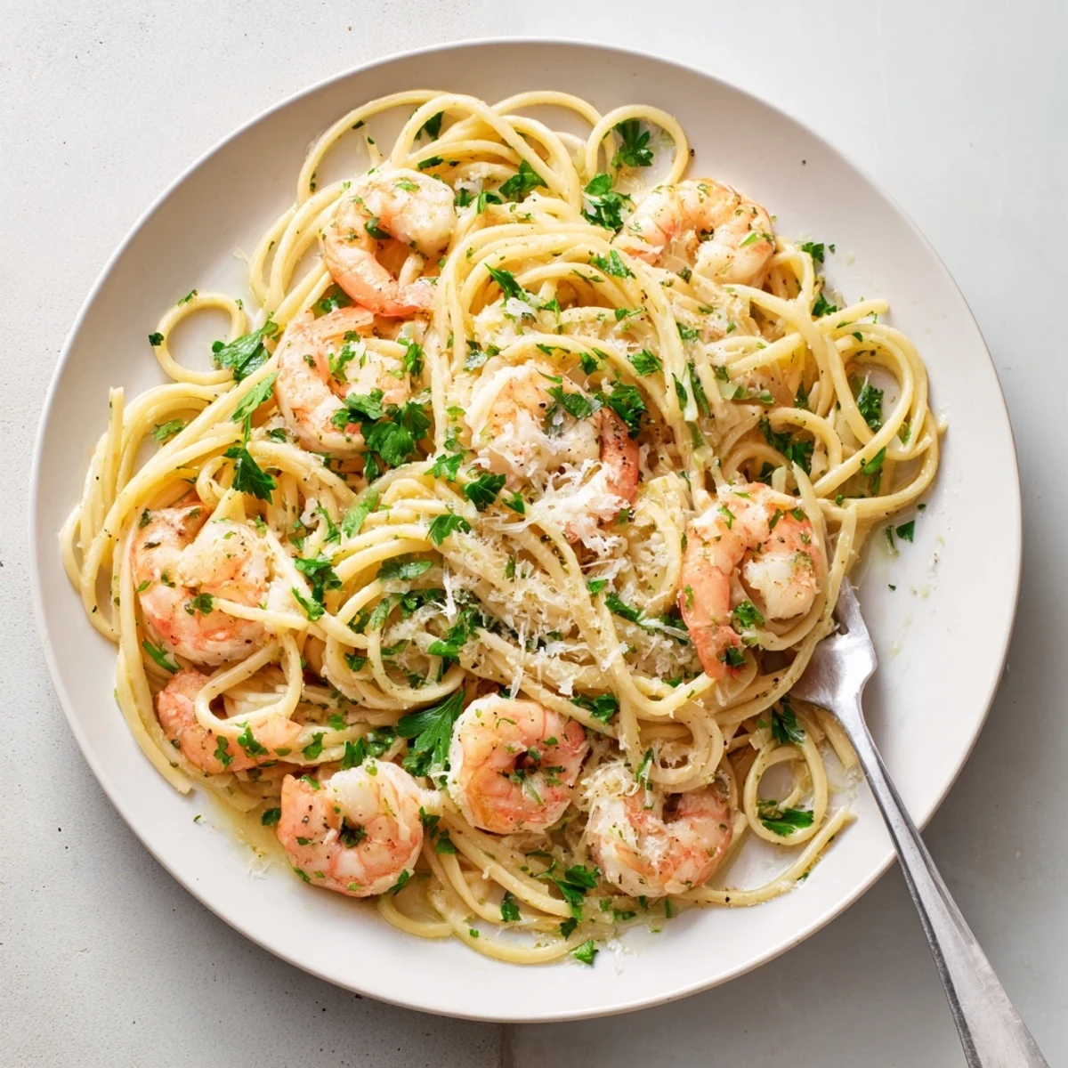 Golden garlic butter shrimp scampi pasta glistening with lemon sauce and fresh parsley