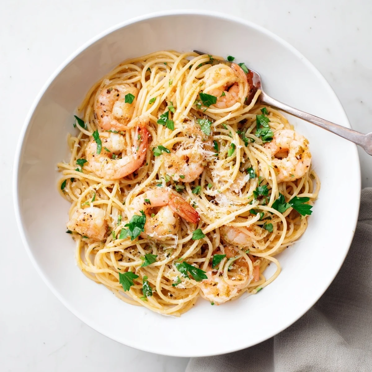 Heaping bowl of al dente shrimp scampi pasta garnished with parmesan and lemon wedges