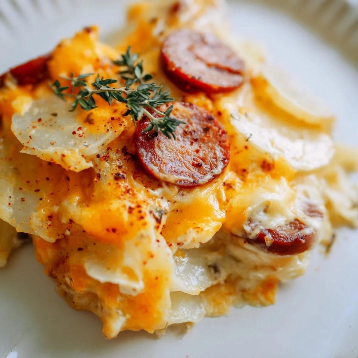 Golden layers of cheesy scalloped potatoes and smoky kielbasa bubbling in a slow cooker with melted cheddar on top