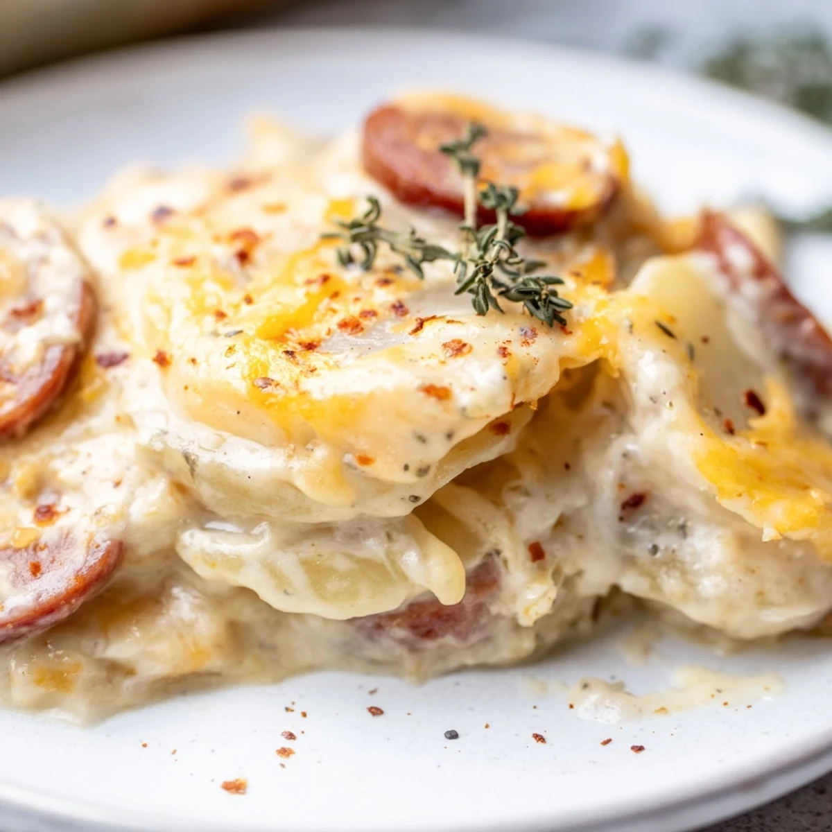 Creamy slow cooker scalloped potatoes kielbasa featuring tender potato slices, sausage rounds, and a rich cheese sauce