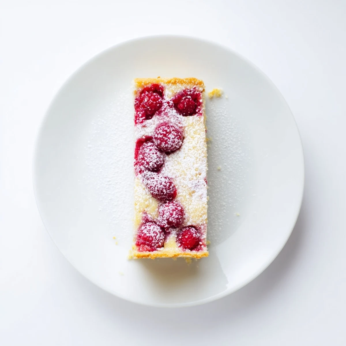 Golden lemon raspberry bars sliced on a white plate, dusted with powdered sugar