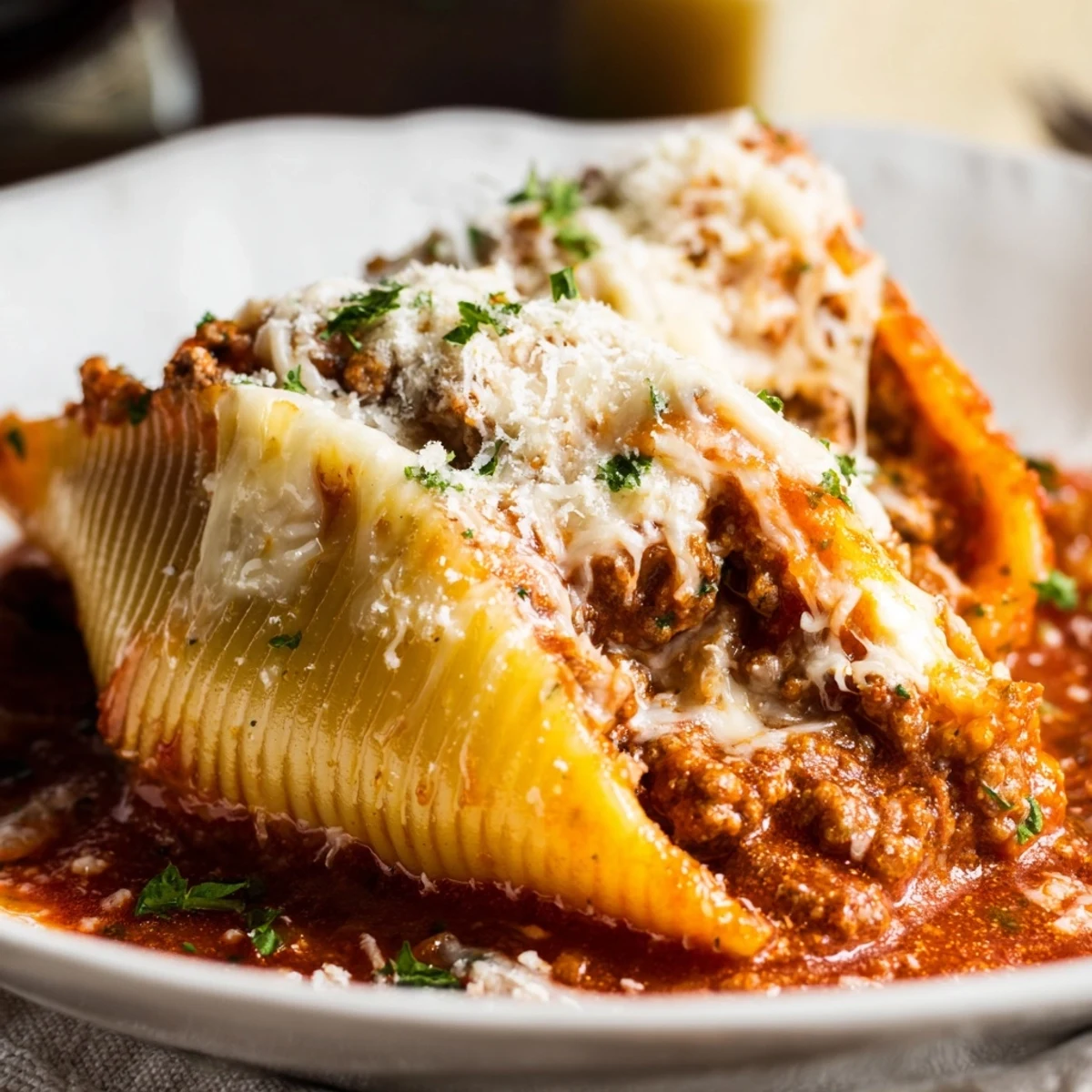 Golden baked jumbo pasta shells filled with savory beef and creamy ricotta cheese