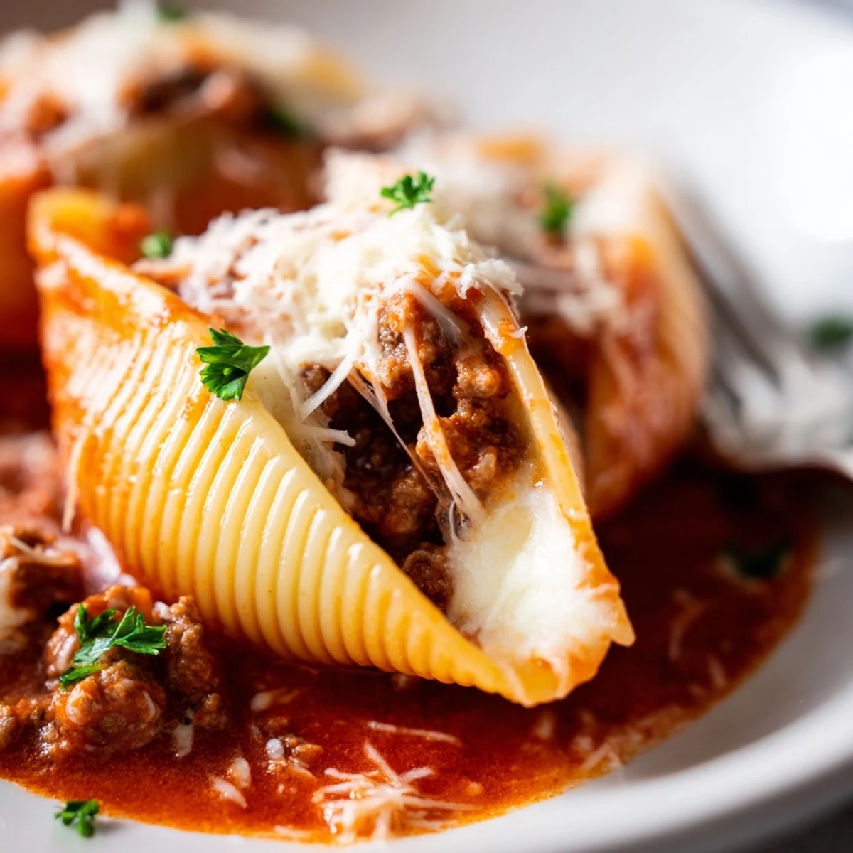 Tender stuffed shells in rich tomato sauce topped with bubbling melted mozzarella cheese