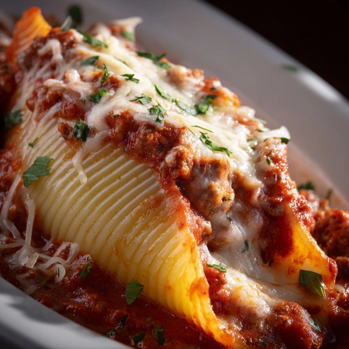 Plump pasta shells overflowing with seasoned ground beef ricotta filling and golden cheese crust