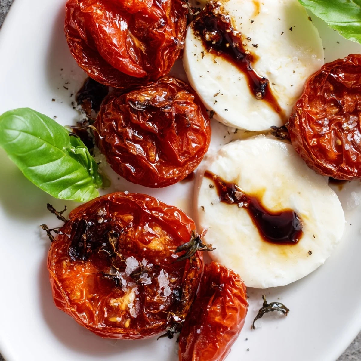 Golden roasted cherry tomatoes layered with fresh mozzarella and basil drizzled with balsamic glaze for this roasted tomato Caprese salad