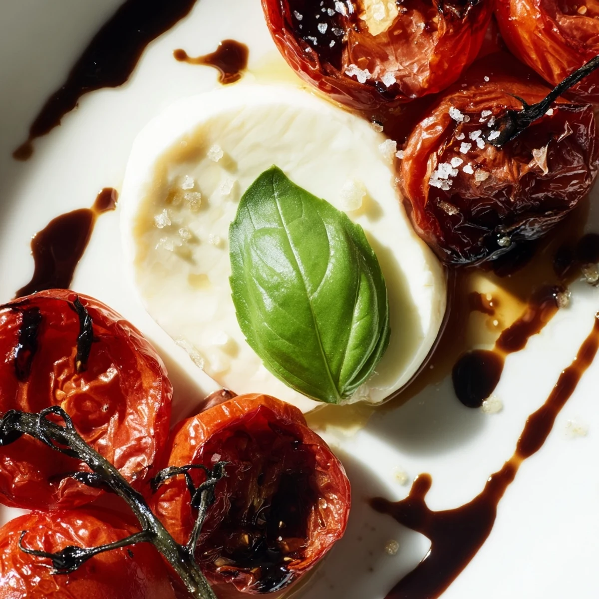 Beautifully arranged roasted tomato Caprese salad showcasing blistered cherry tomatoes beside white mozzarella with finished balsamic swirl and green basil accents