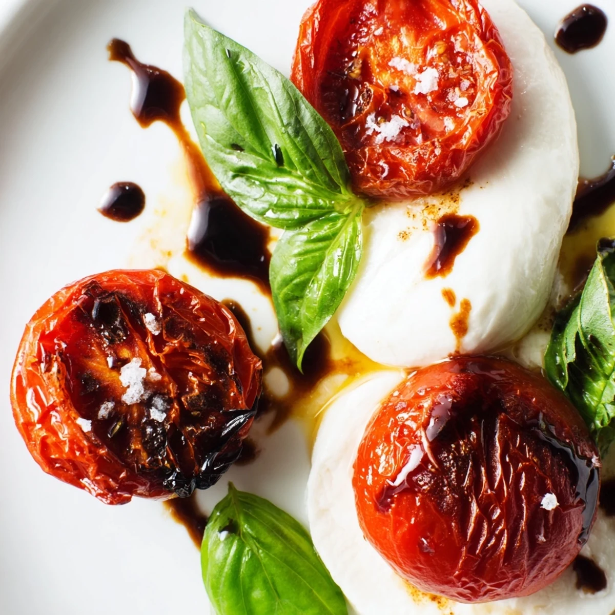 Colorful platter featuring caramelized tomatoes alternating with creamy mozzarella slices topped with fragrant fresh basil in this Italian roasted tomato Caprese salad