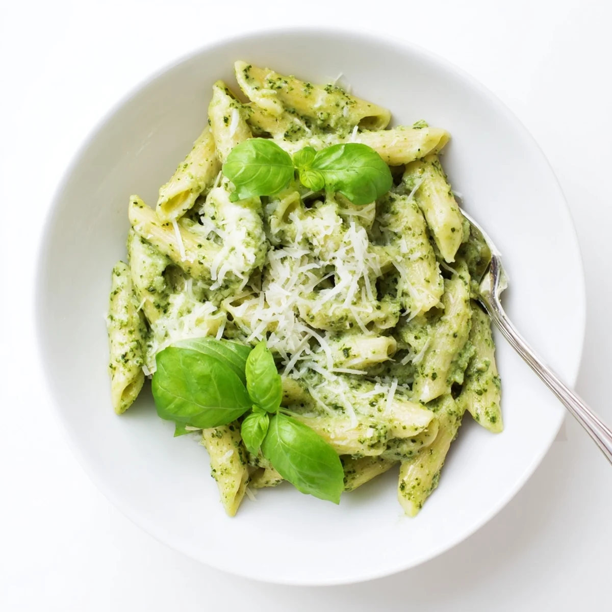 Creamy pesto pasta with fresh basil and parmesan cheese coating tender al dente noodles