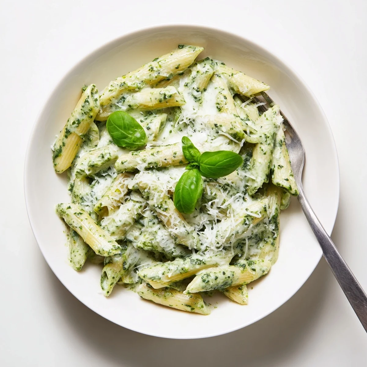 Rich and velvety creamy pesto pasta dish plated with freshly grated cheese topping