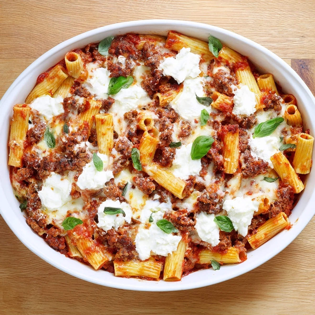 Slow cooker baked ziti with melted mozzarella, Italian sausage, and rich tomato sauce bubbling in a ceramic crock