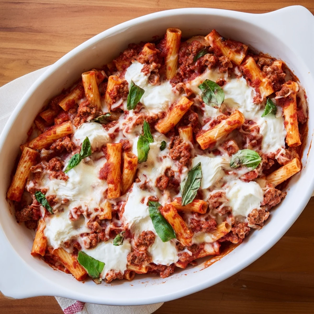 Golden baked ziti pasta topped with gooey cheese, savory sausage crumbles, and fresh basil garnish on a white serving plate