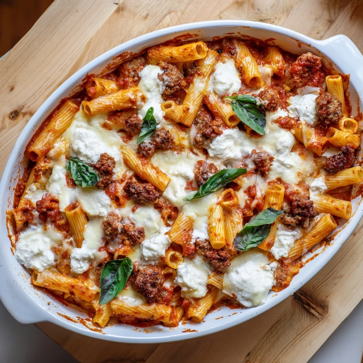 Comforting baked ziti casserole featuring layered ricotta, ziti noodles, and marinara with a crispy cheese crust