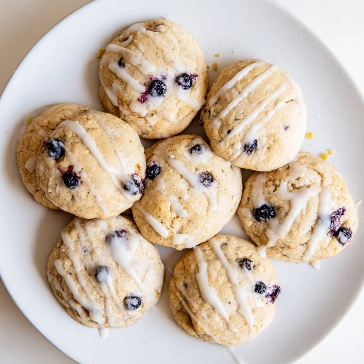 Golden lemon blueberry cheesecake cookies with creamy centers and fresh fruit on wire rack