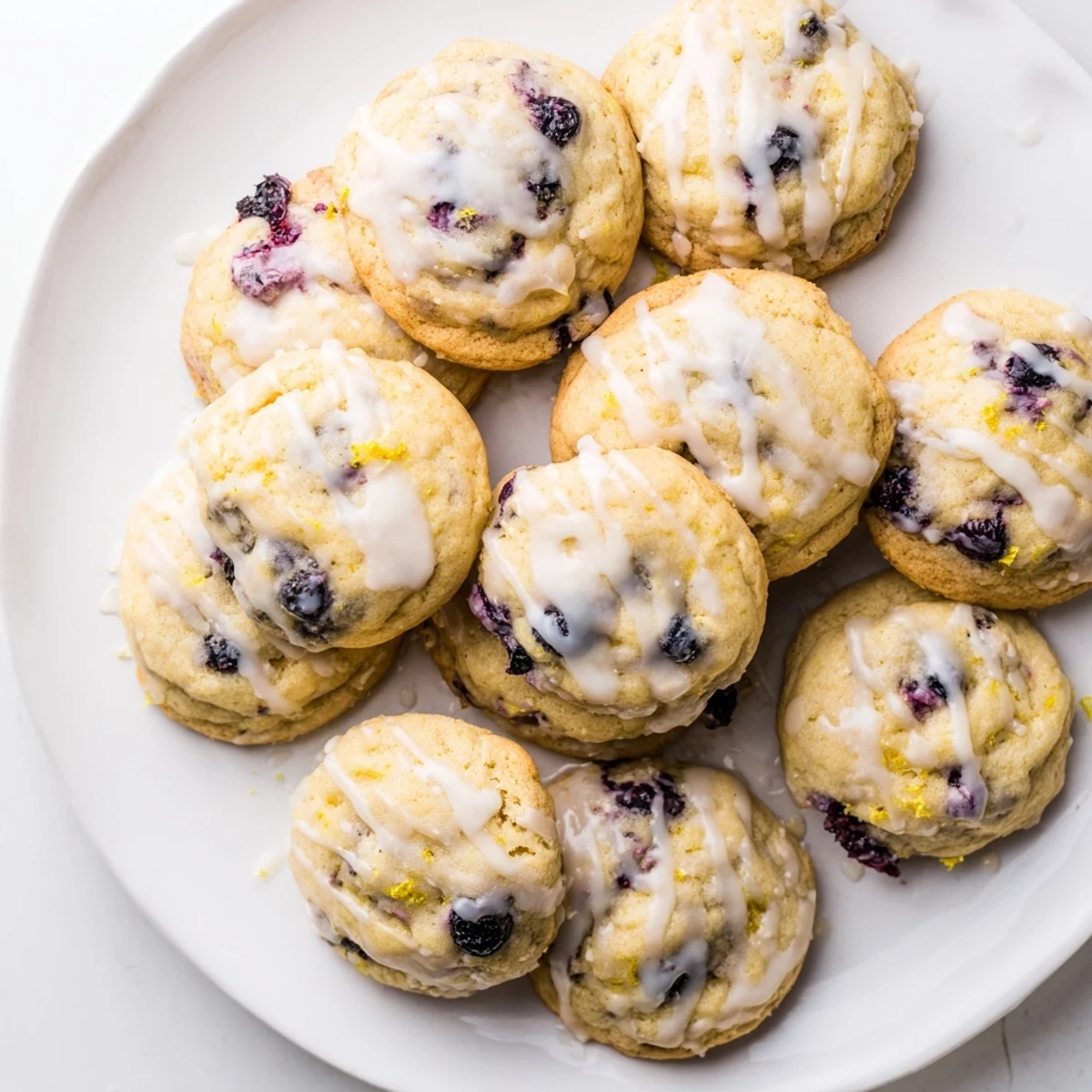 Stack of pillowy lemon blueberry cheesecake cookies bursting with purple berries and citrus zest