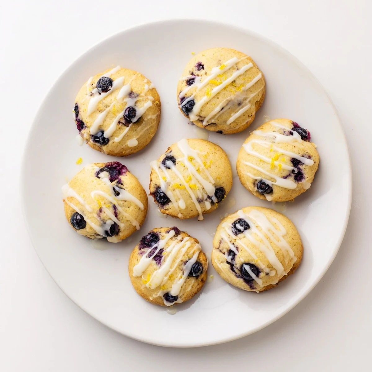 Soft baked lemon blueberry cheesecake cookies drizzled with white glaze on wooden board