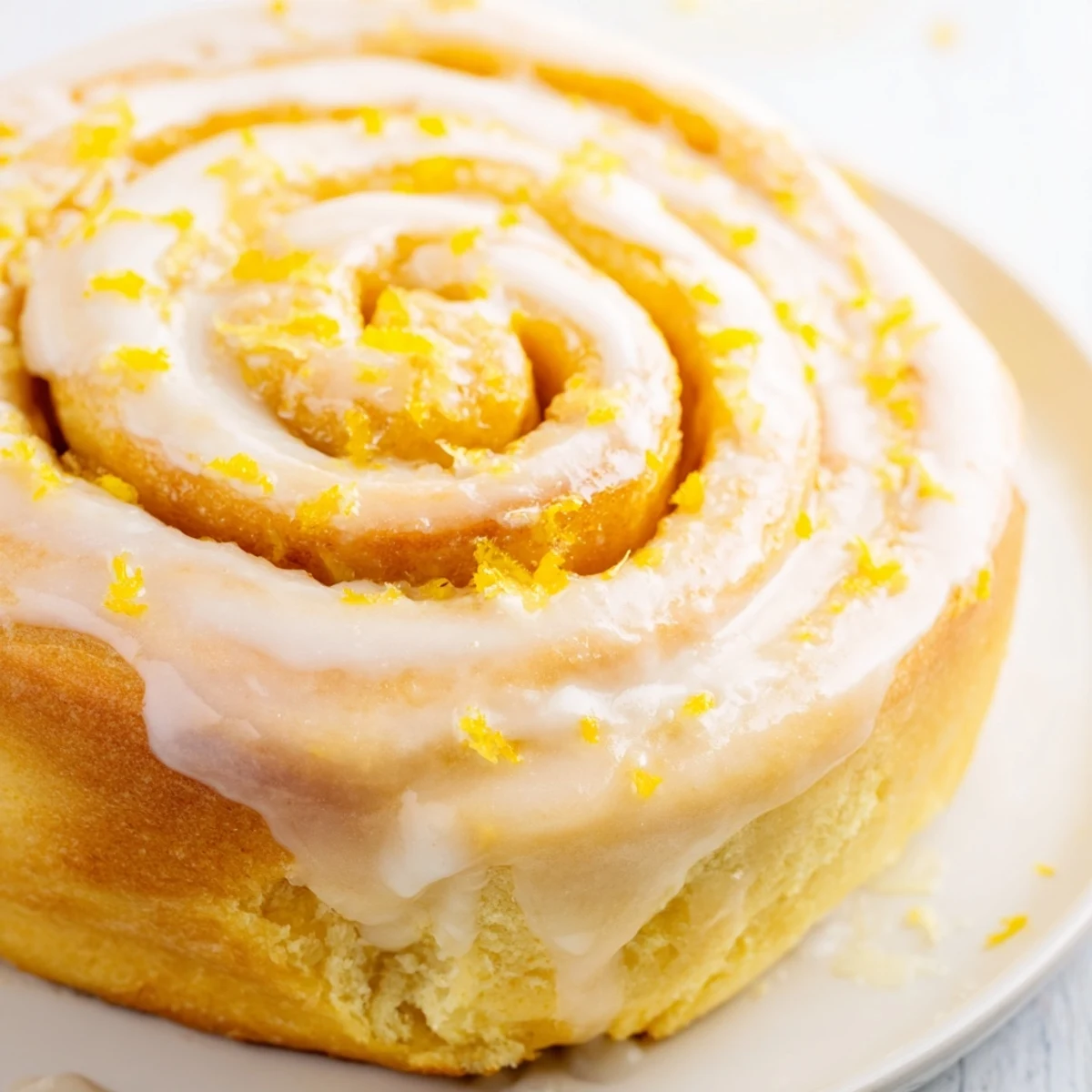 Golden homemade lemon rolls drizzled with tangy white glaze on a serving plate