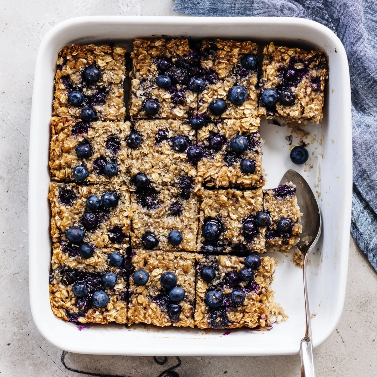 Golden brown lemon blueberry baked oatmeal with bursting berries and a dusting of sugar