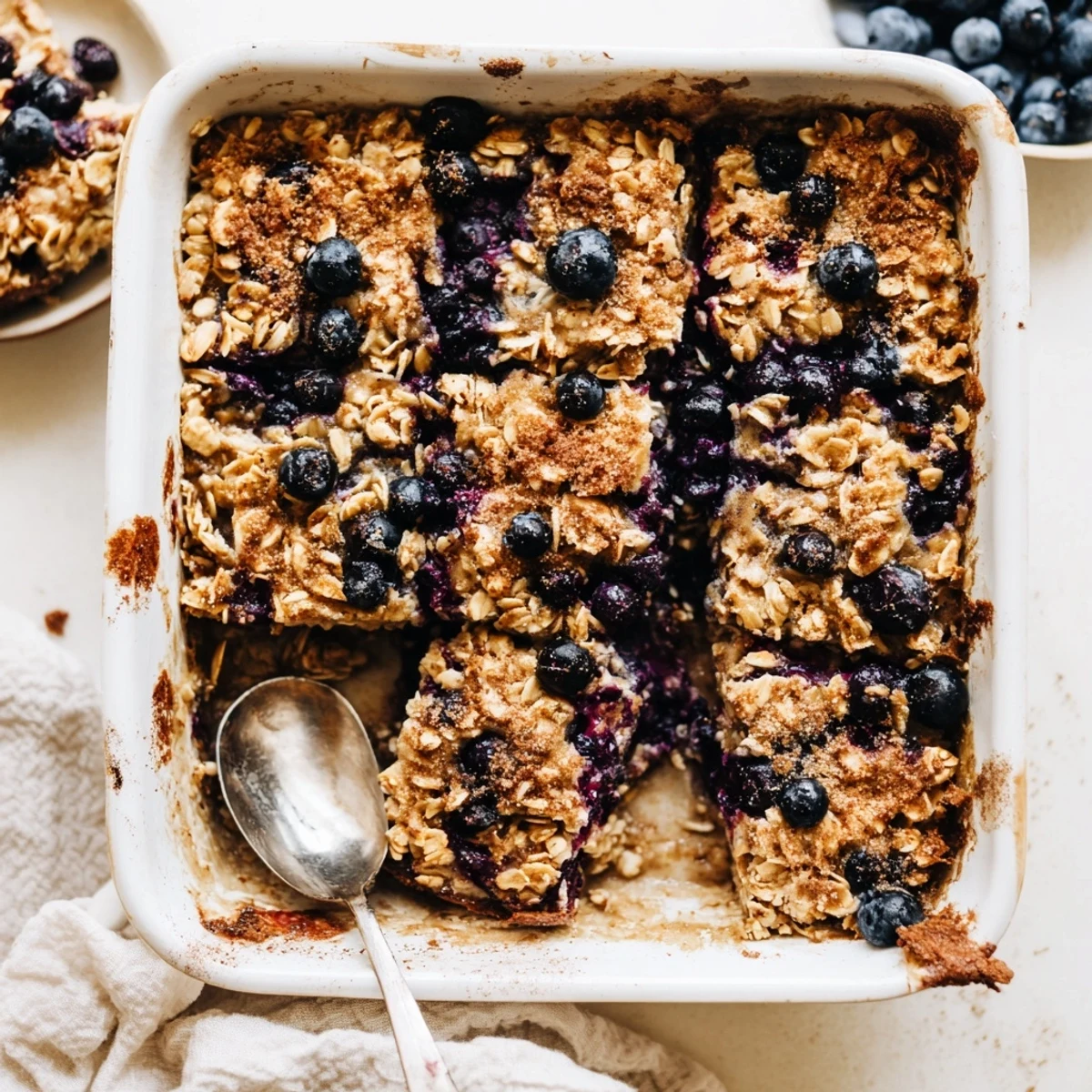 Warm lemon blueberry baked oatmeal squares fresh from the oven with tender oats